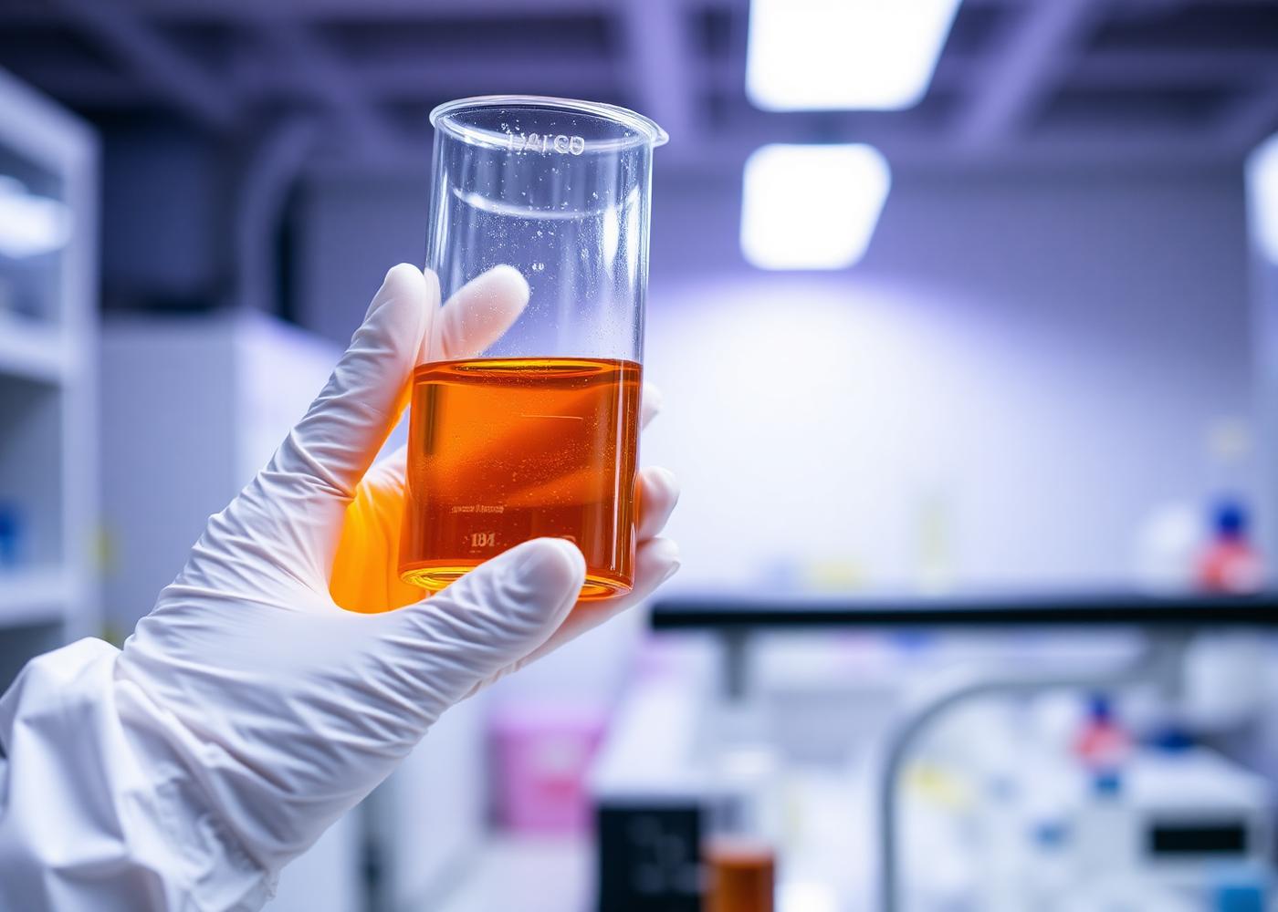 Laboratory technician holding hydrolysate sample in a beaker